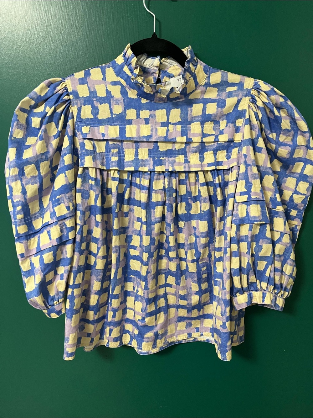 HUNTER BELL Blue and Cream Block Print High-Neck Puff Sleeve Blouse